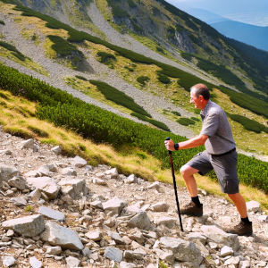 Benefits of hiking sticks demonstrated by a hiker using a stick for stability and balance on a steep, rocky mountain trail, surrounded by lush greenery and distant mountains under a clear blue sky.