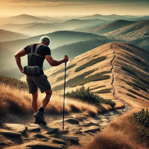 A hiker using a hiking stick on a long trail, reducing strain on joints and enhancing endurance. The hiker is navigating uneven terrain with ease, supported by the hiking stick, against a backdrop of gentle hills and distant mountains under a clear sky