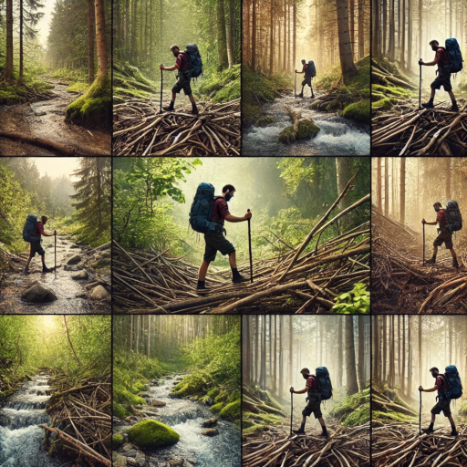 A hiker using a versatile hiking stick to navigate various wilderness terrains, including crossing a stream, clearing overgrown branches, and walking upright on a forest trail. The hiker maintains good posture, demonstrating the benefits of using a hiking stick for stability and alignment in diverse environments.